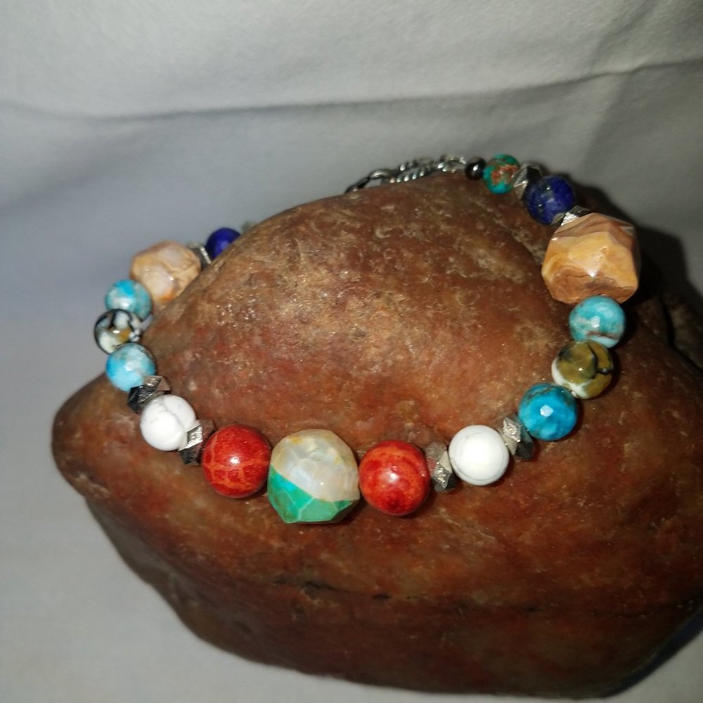 Men's Bracelet Agate, Lapis, Coral 8.5 in